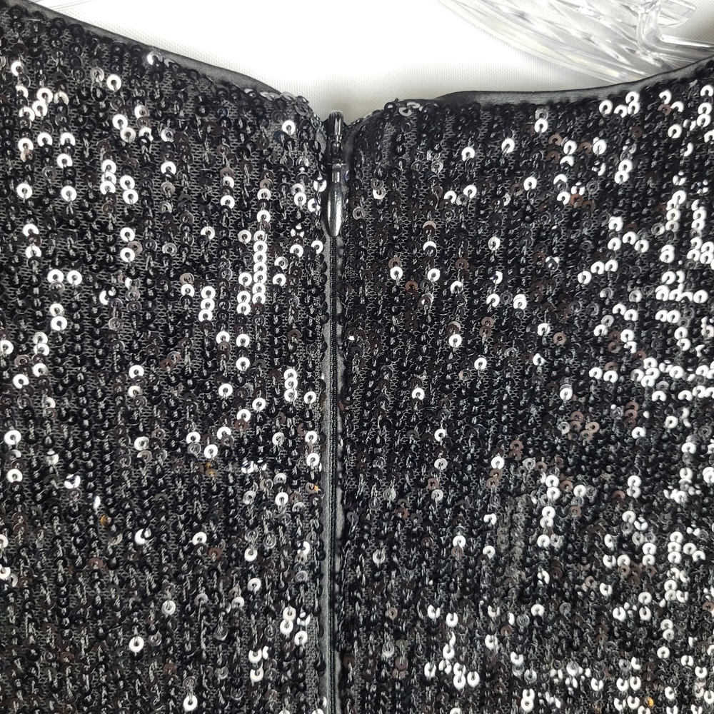 Eliza J Sequined Dress Women's 10 Black Faux Wrap Balloon Sleeves V Neck NWT - Picture 16 of 16